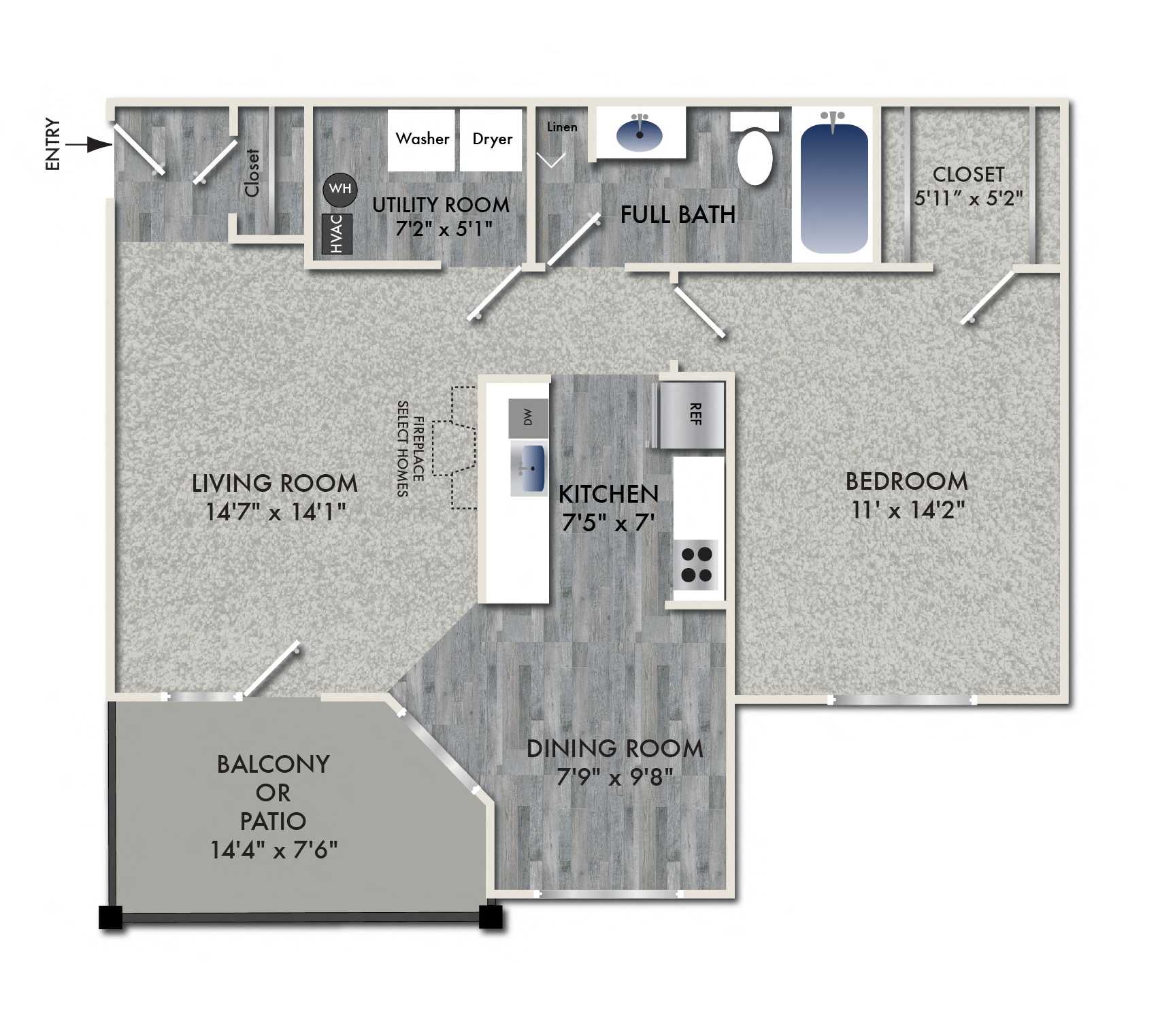 Floor plan for 1 bed, 1 bath, 763 sqft